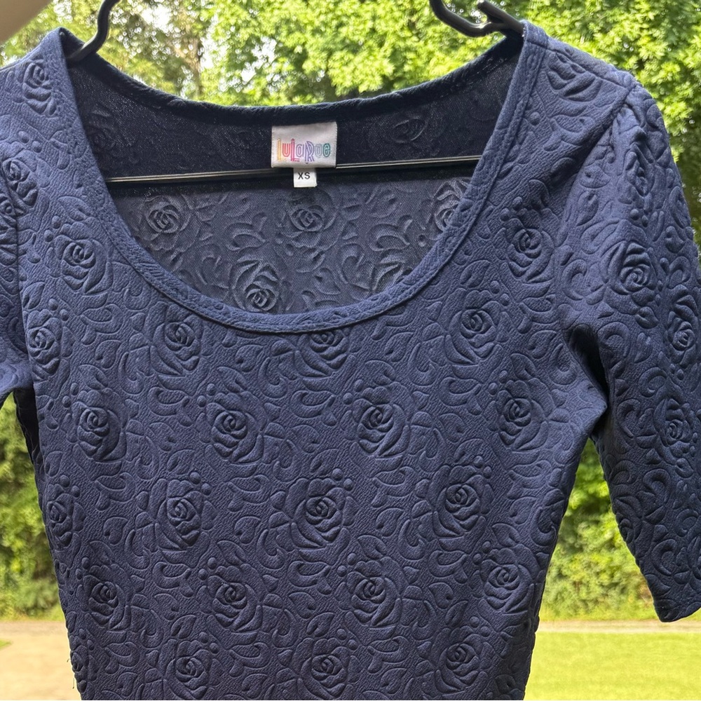 Lularoe Nicole Navy Blue Embossed Floral Design Dress